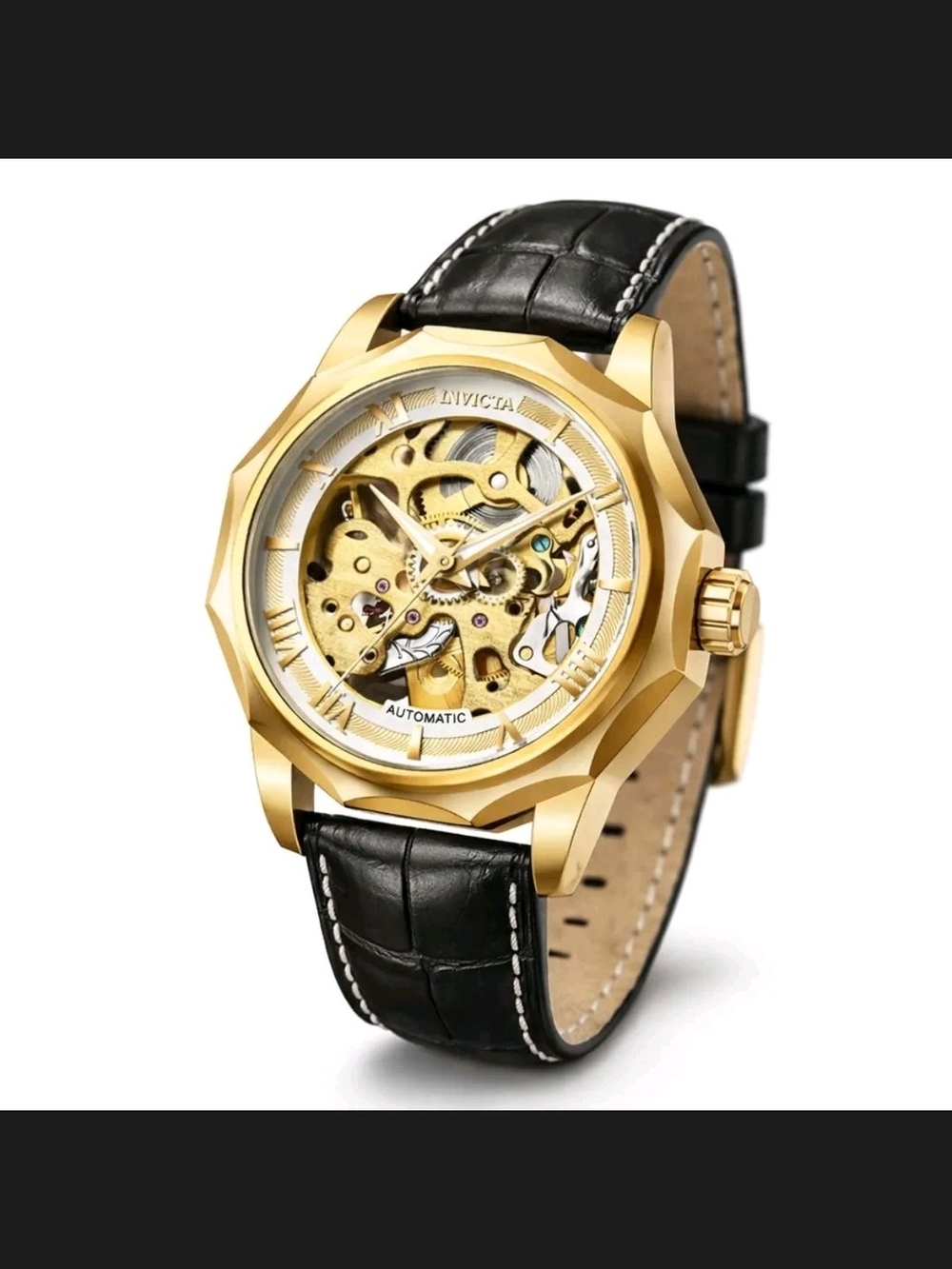 Invicta Gold Skeleton Dial Automatic Watch with Black Strap 42mm